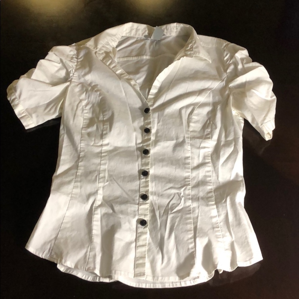 White button up ruched sleeves